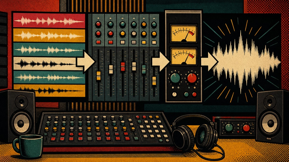 Pop-art illustration of a mixing and mastering workstation with waveforms and studio monitors