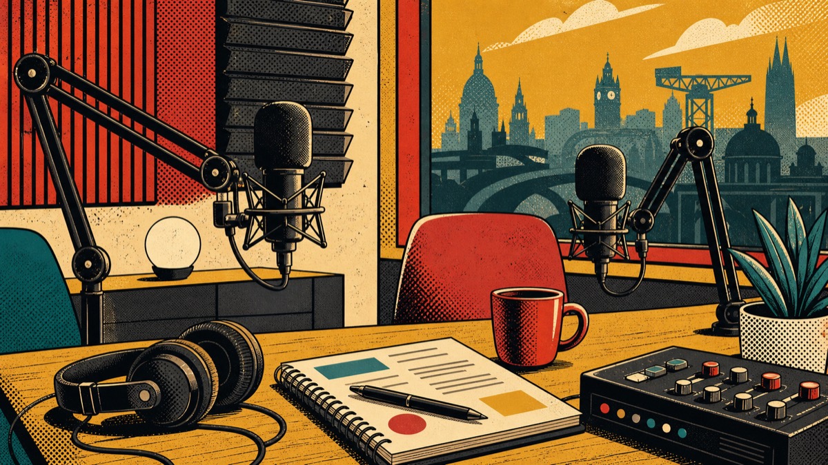 Pop-art illustration of a podcast studio setup with microphones and planning notes