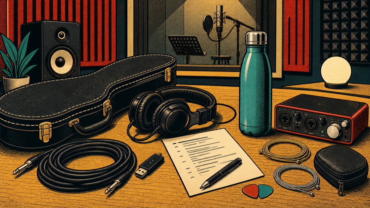 Pop-art illustration of a recording studio checklist with guitar case headphones cables and session notes